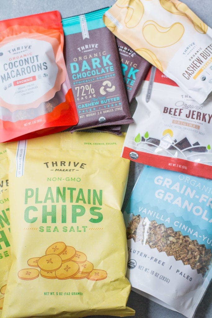 thrive market beef jerky, plantain chips, chocolate + granola